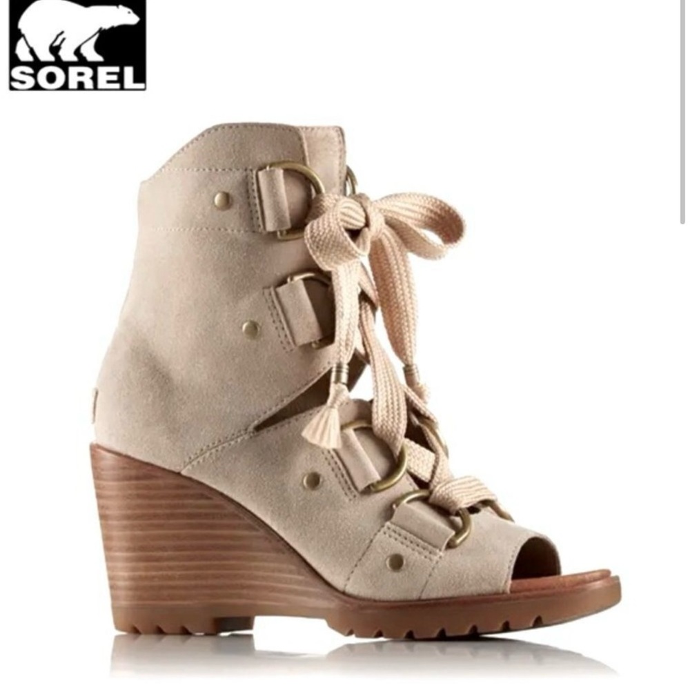 Sorel Tan Wedge Boots with Lace-Up Design